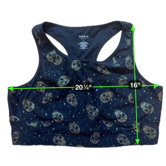 Torrid Active Plus Size Sports Bra 3 (US 22/24) Skull Print Racerback Black/Gold - Picture 5 of 6